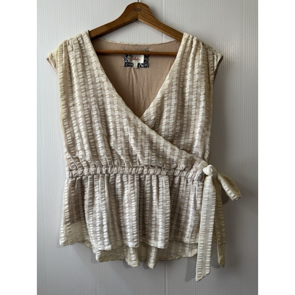 Deletta Anthropologie Womens Cream Nude Lined Faux Wrap Top Size M Sleeveless